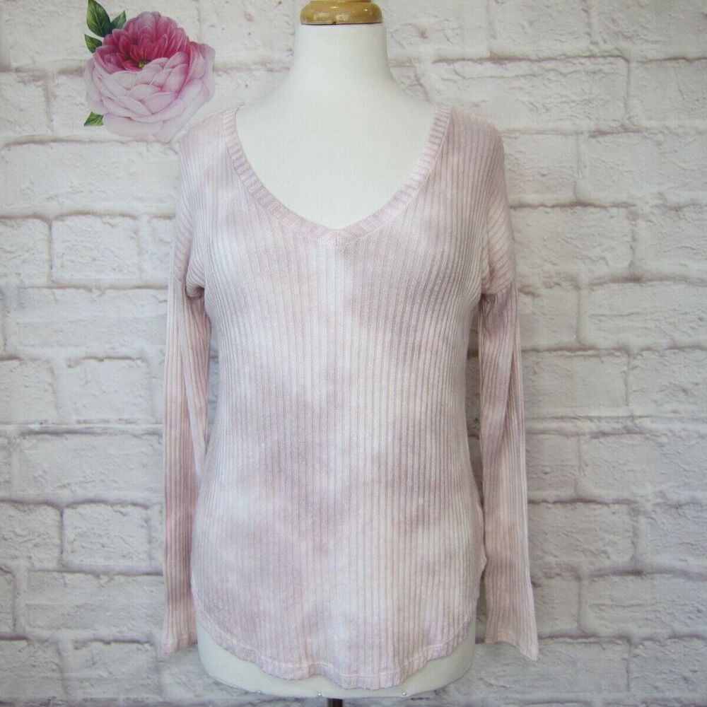 American Eagle Outfitters AEO Pink Soft & Sexy Ribbed V-Neck Tie-Dye L/S Top